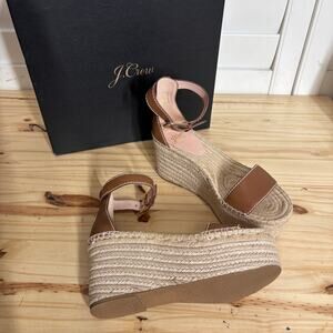 J Crew Size 7 Leather Flatform Wedge Espadrilles Burnished Pecan Brown Heel
